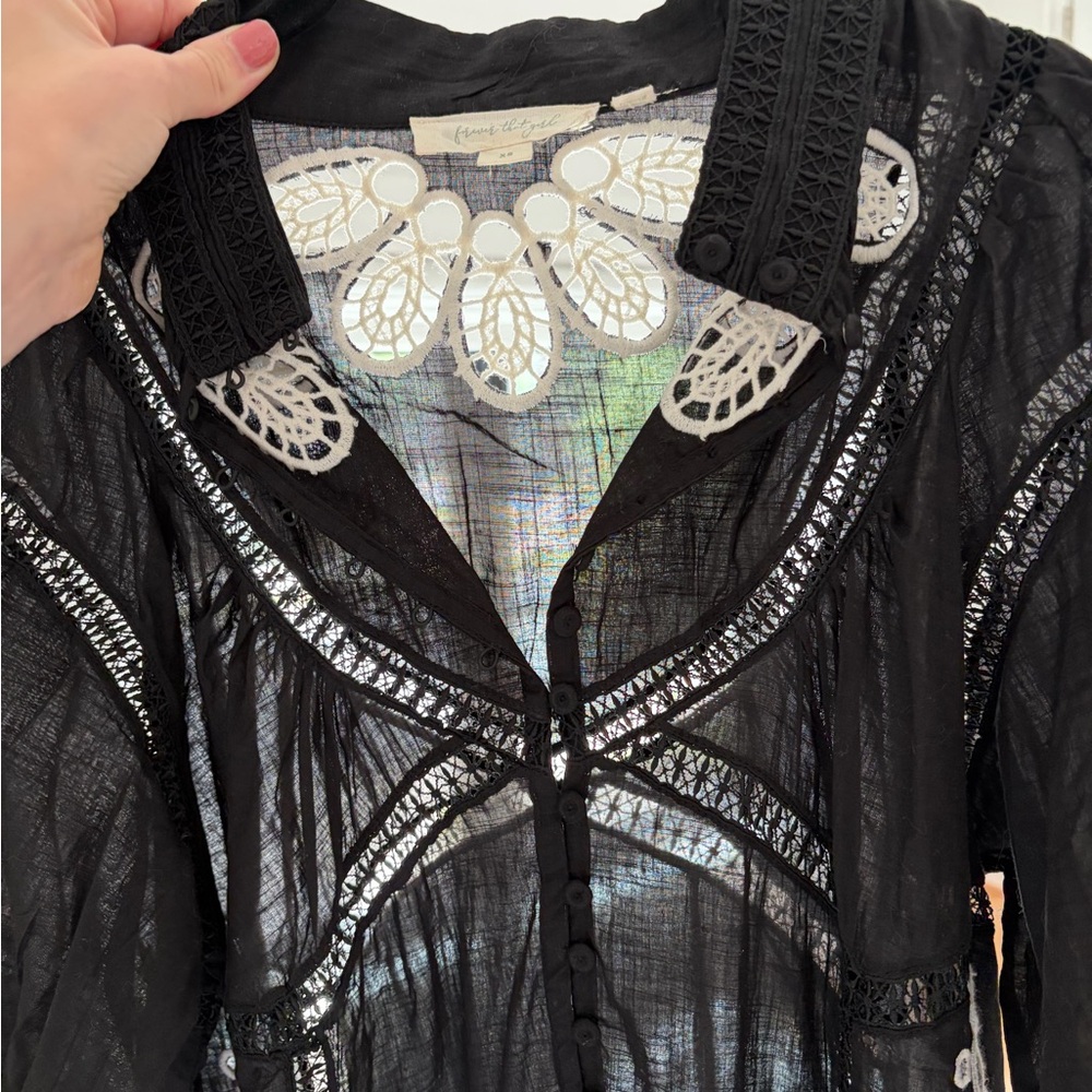 Sheer Black Bohemian Button-Front Blouse with White Lace Trim from anthropology